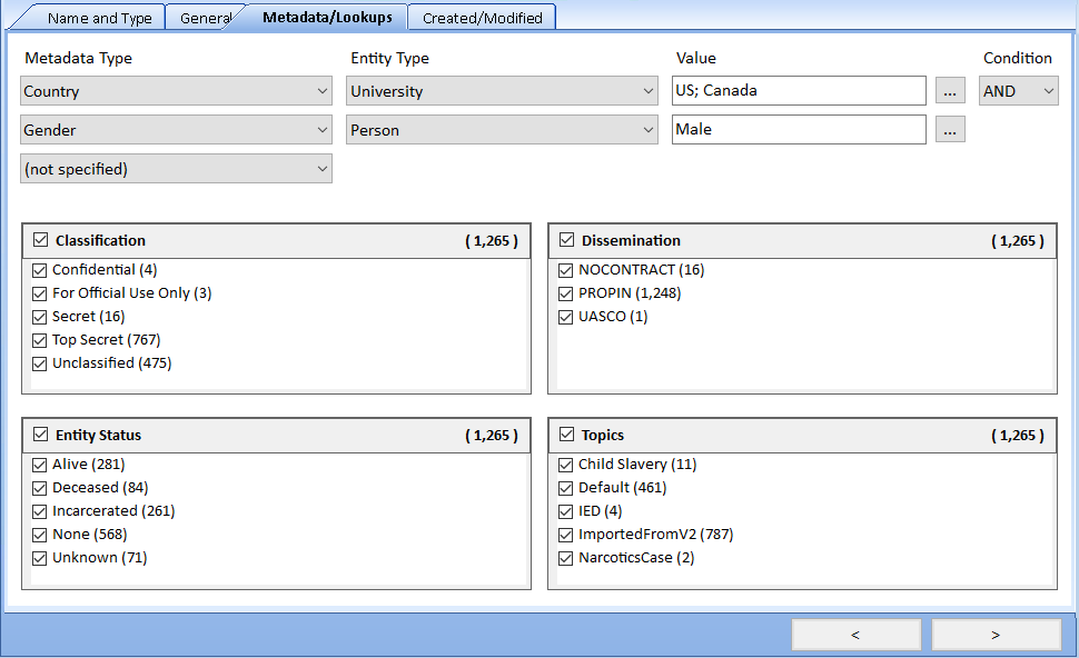 Entity Search Metadata tab