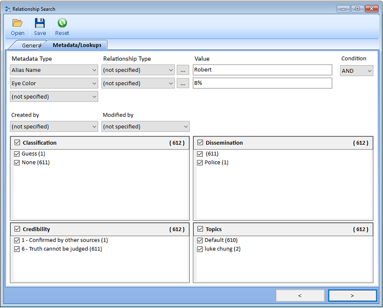 Relationship Advanced Search Metadata Tab